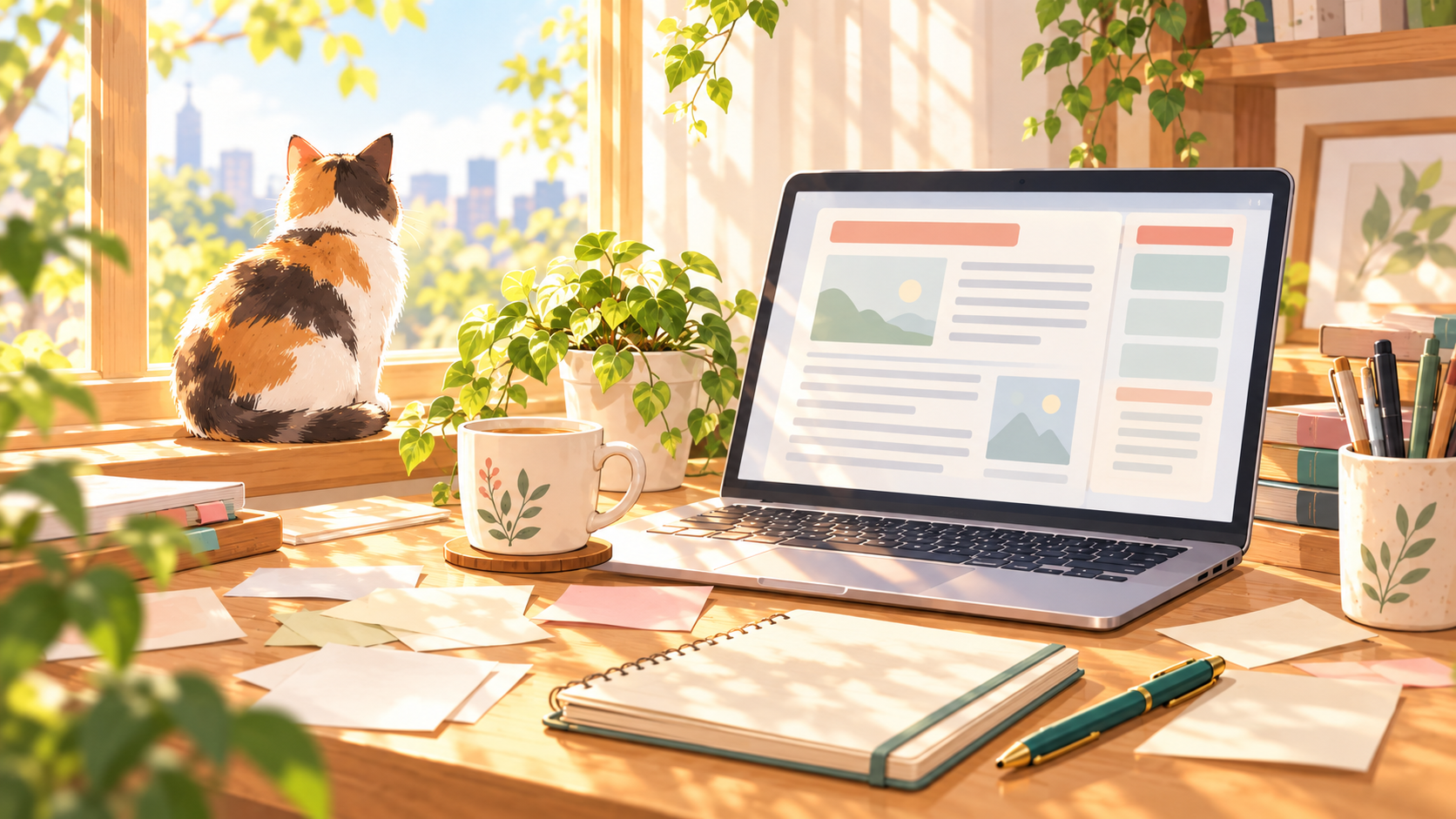開発ログのメモを記事の下書きに整理する、猫のいる個人研究室のイメージ